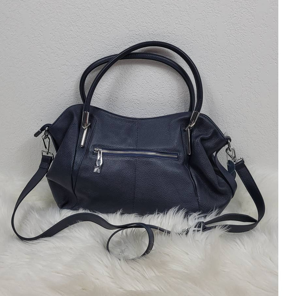 Heshe Genuine Black Leather Handbag With Detachable Strap